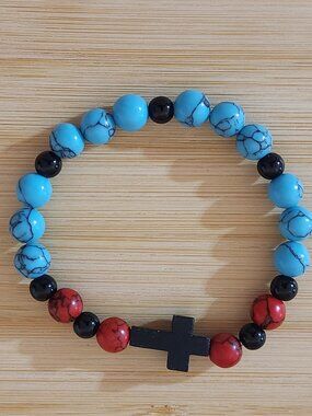 Hand Crafted Stretch Turquoise Red Black Beaded Wooden Cross Bracelet Unisex